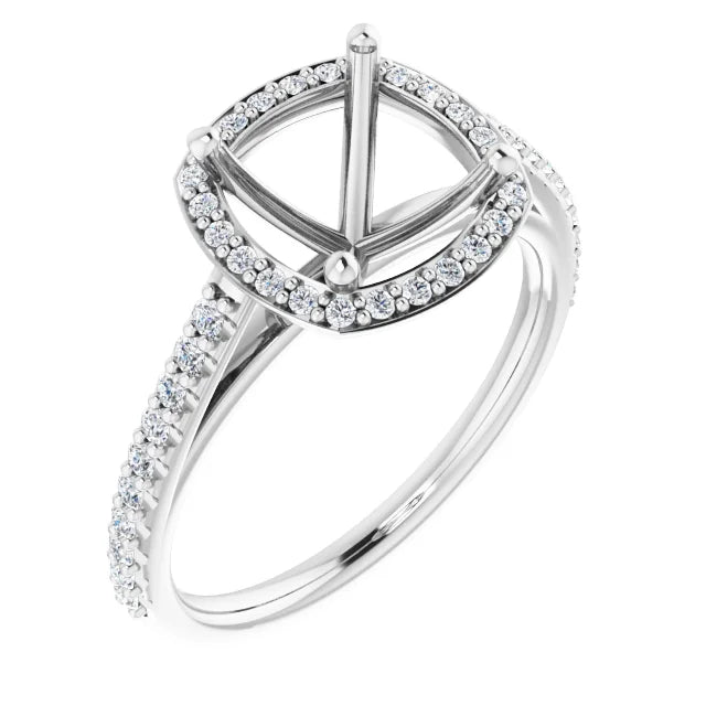 14K White Gold Cushion Halo-Style Engagement Ring Mounting