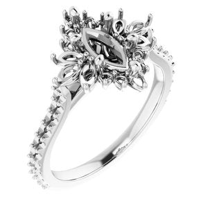 14K White Gold 9x4.5 mm Marquise Halo-Style Accented Engagement Ring Mounting