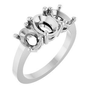 14K White Gold 8x6 mm Oval Three-Stone Engagement Ring Mounting
