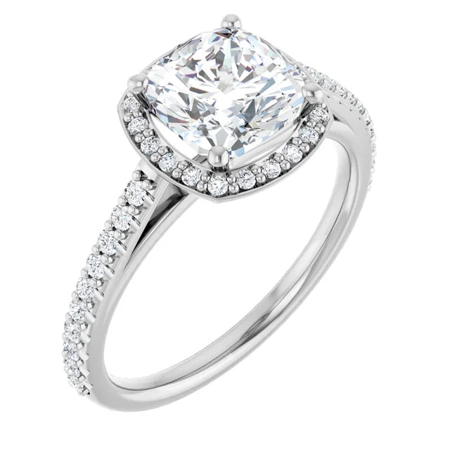 14K White Gold Cushion Halo-Style Engagement Ring Mounting