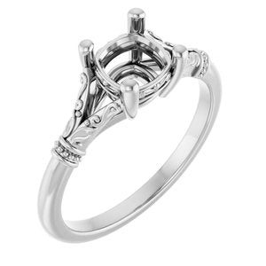 14K White Gold 6 mm Cushion Solitaire Engagement Ring Mounting